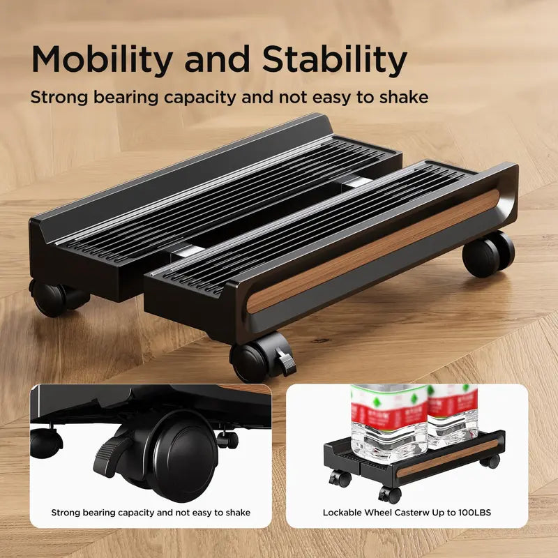 Adjustable PC Tower Stand w/ Wheels, Ventilated, Lockable Casters, 100LB Capacity
