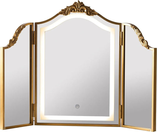 Baroque-style carved arched vintage three-panel vanity mirror with three-color LED lighting and dimming function