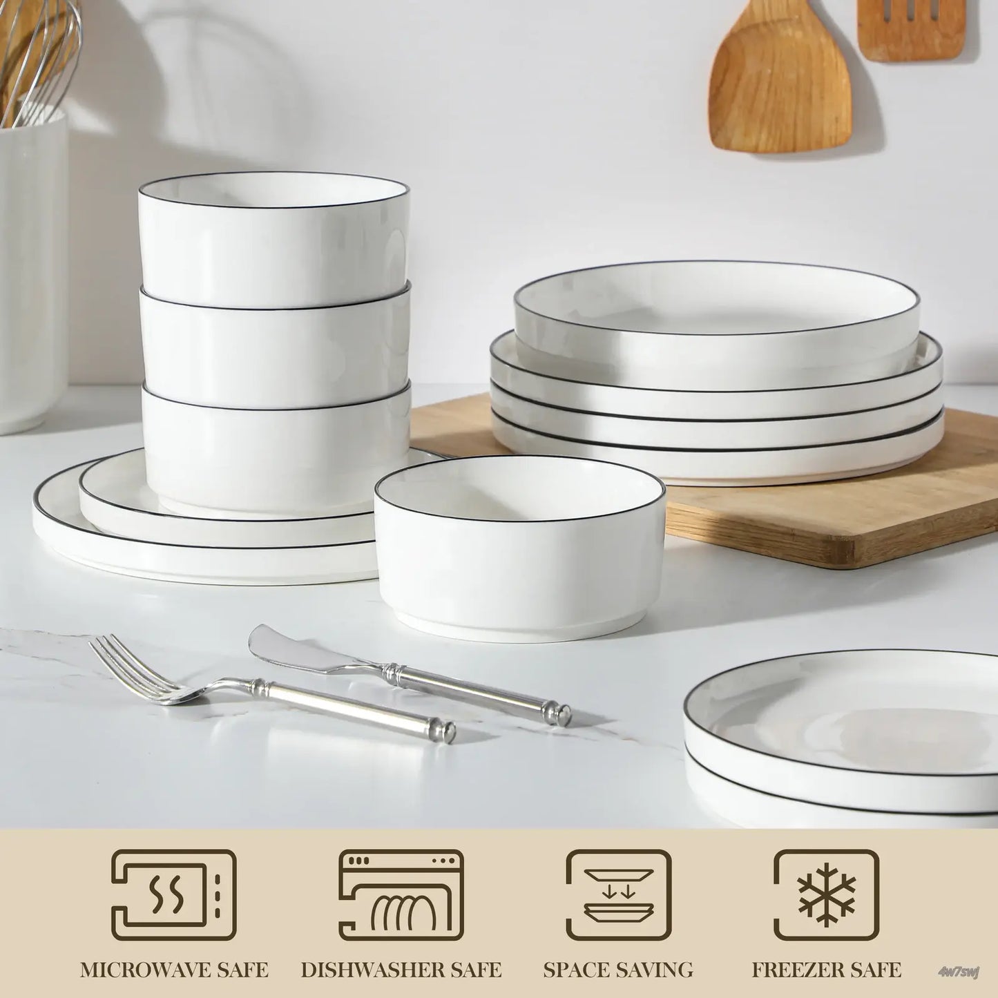 Porcelain Dinnerware Set for 4/6, Modern Plates and Bowls Set, Chip & Scratch Resistant Dishware, Microwave & Dishwasher Safe, Elegant Kitchen Dining Set, LEAH Series